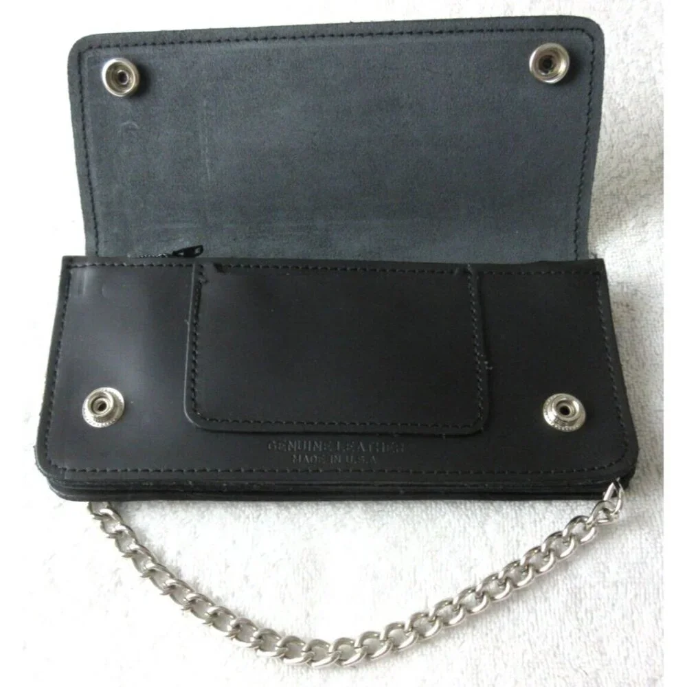 Men's Genuine Leather Skull Skeleton Trucker Snap Chain Wallet Black USA Made